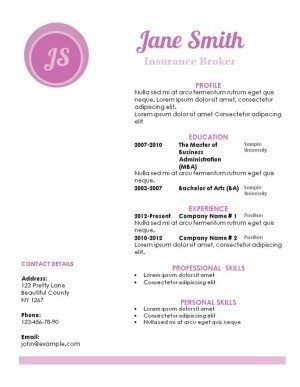 pink resume template with a white background and a pink circle with monogram. The titles are in pink