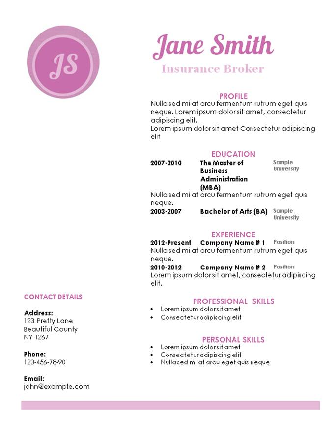 pink resume template