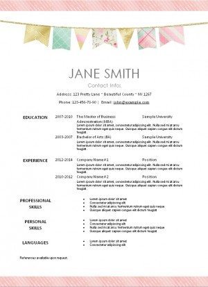 pretty resume for women with a pink stripe and a banner in pastel colors