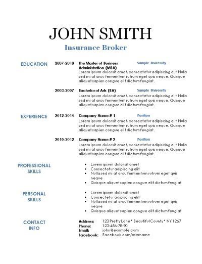 Blank resume template with a white background and black test with blue titles