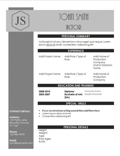 resume for actors with monogram